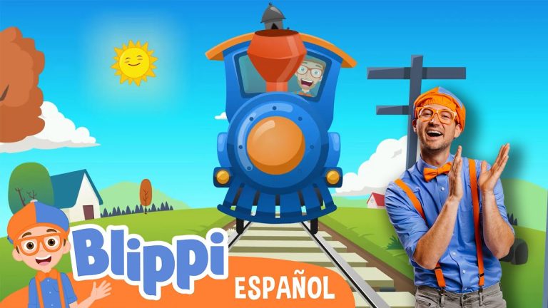 blippi jugando en un tren colorido