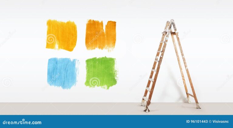 escalera con pintura y brochas coloridas