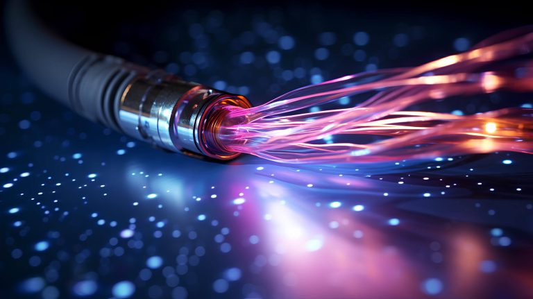 fibra optica iluminada y cables conectados