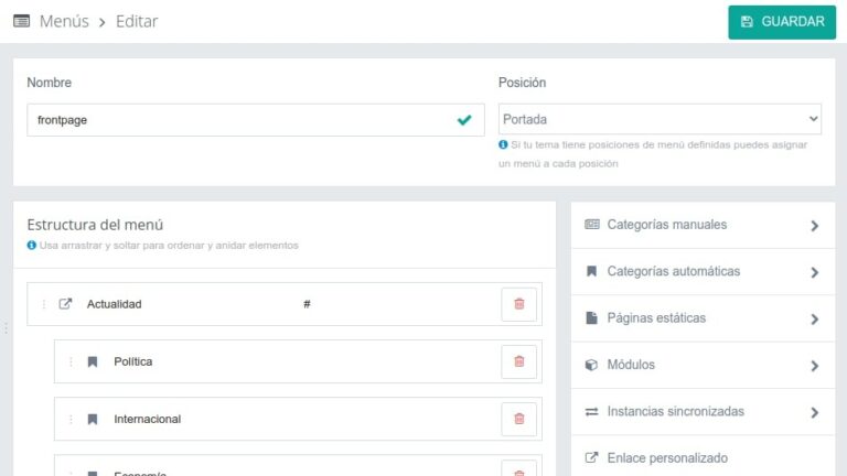 interfaz de usuario de cms arrastrar y soltar