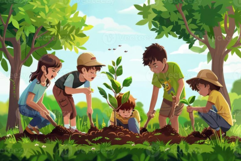 Qué Acciones Puedo Realizar para Fomentar la Educación Ambiental 23 ninos plantando arboles en un parque